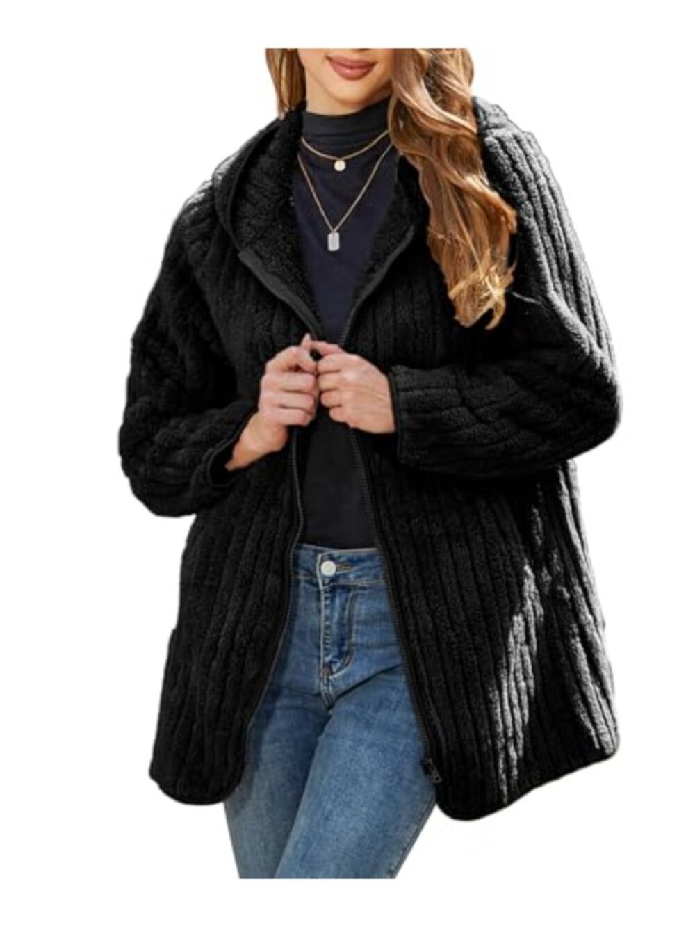 Womens Fleece Jacket Hooded Sherpa Full Zip Long Sleeve Warm Coat